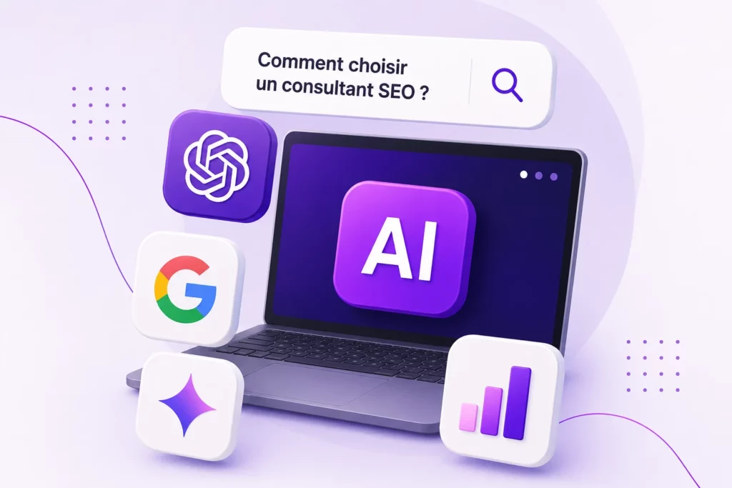 Illustration du référencement GEO avec intelligence artificielle, ChatGPT, Google et analyse de visibilité