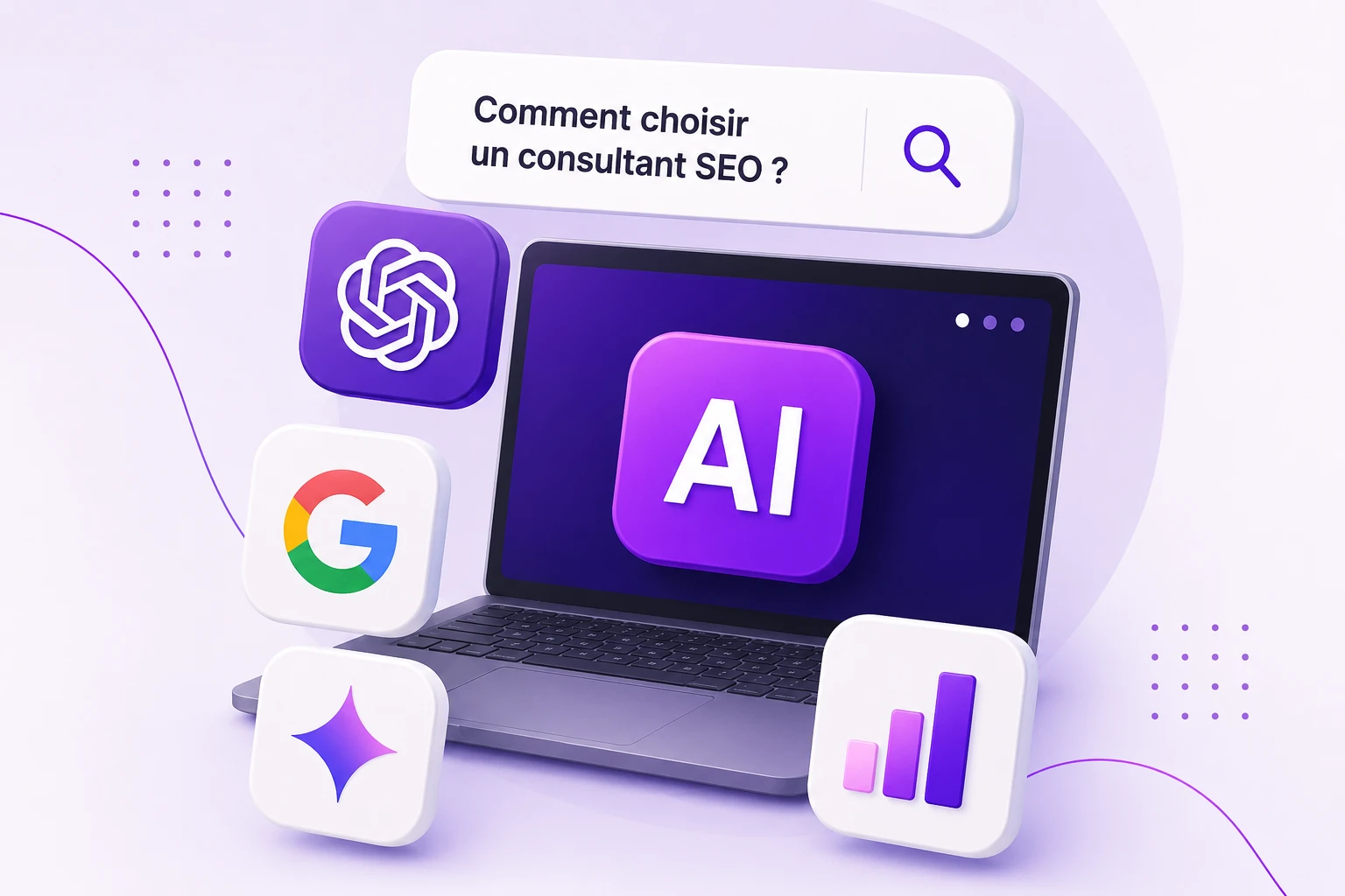 Illustration du référencement GEO avec intelligence artificielle, ChatGPT, Google et analyse de visibilité
