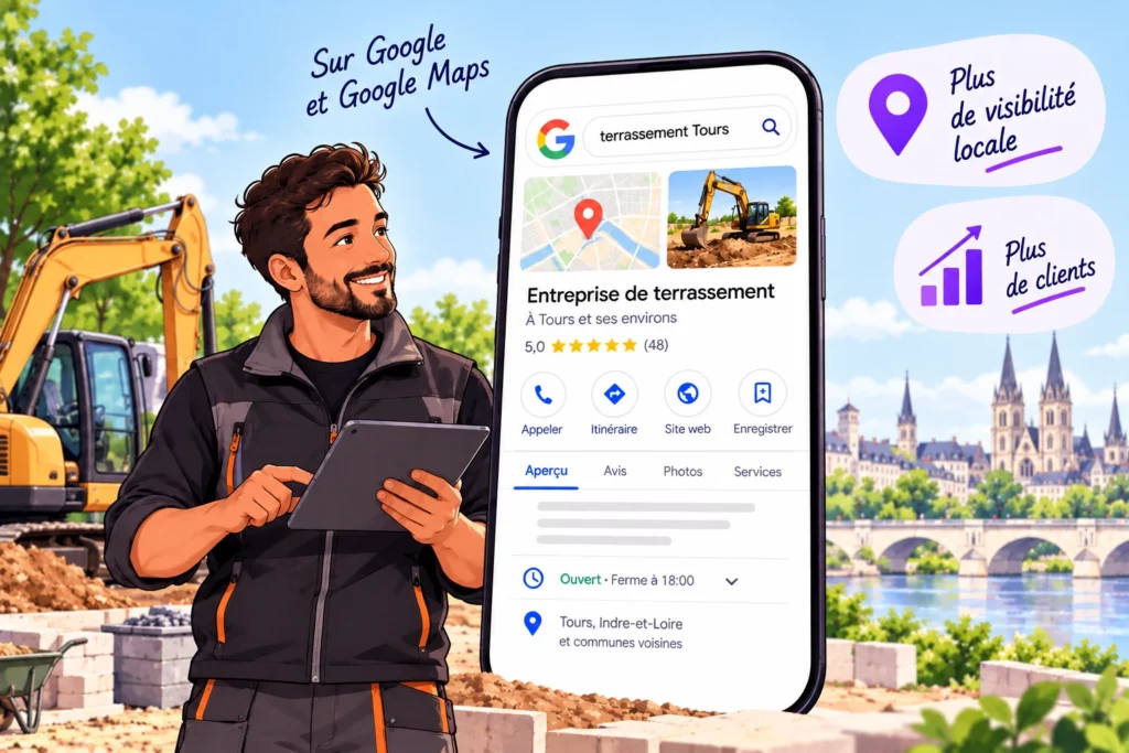 Illustration d’un artisan terrassier consultant sa fiche Google Business Profile pour améliorer sa visibilité locale à Tours et attirer de nouveaux clients.