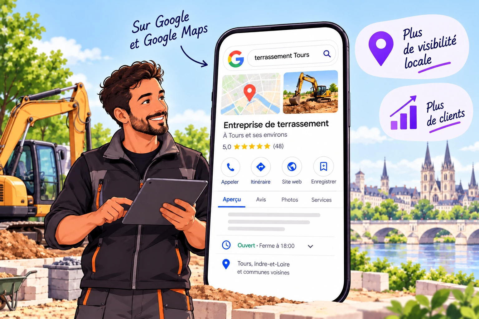 Illustration d’un artisan terrassier consultant sa fiche Google Business Profile pour améliorer sa visibilité locale à Tours et attirer de nouveaux clients.